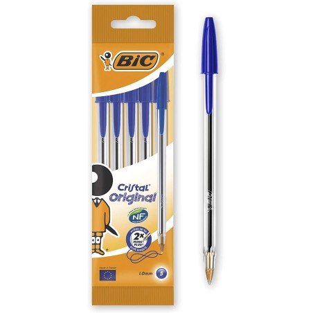 Bic Cristal Original Conf. da 5 penne a sfera Punta tonda 1mm Linea 0,40mm BLU 802052