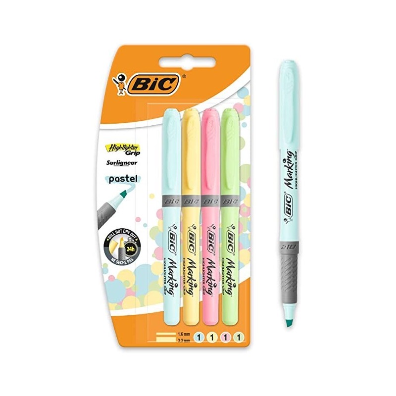 Bic Highlighter Grip Conf. 4 pennarelli pastello fluorescenti a base d'acqua Tratto 1,60-3,30mm Colori assortiti 964859