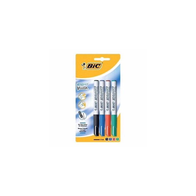 Bic Velleda 1721 Conf. 4 pennarelli per lavagna bianca Punta fine Linea 1,6mm Cancellazione ottimale Colori assortiti 875711