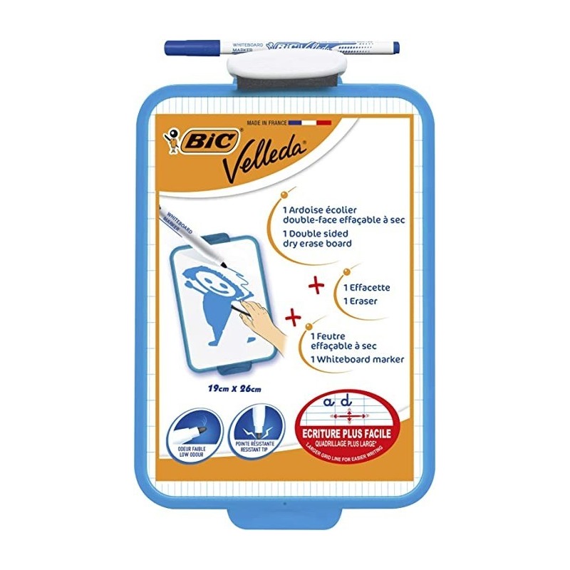 Bic Velleda Lavagna Scuola 2 Superfici Bianca Millimetrica + 1 Pennarello Velleda Blu + 1 Gomma Dimens. 26x19 cm