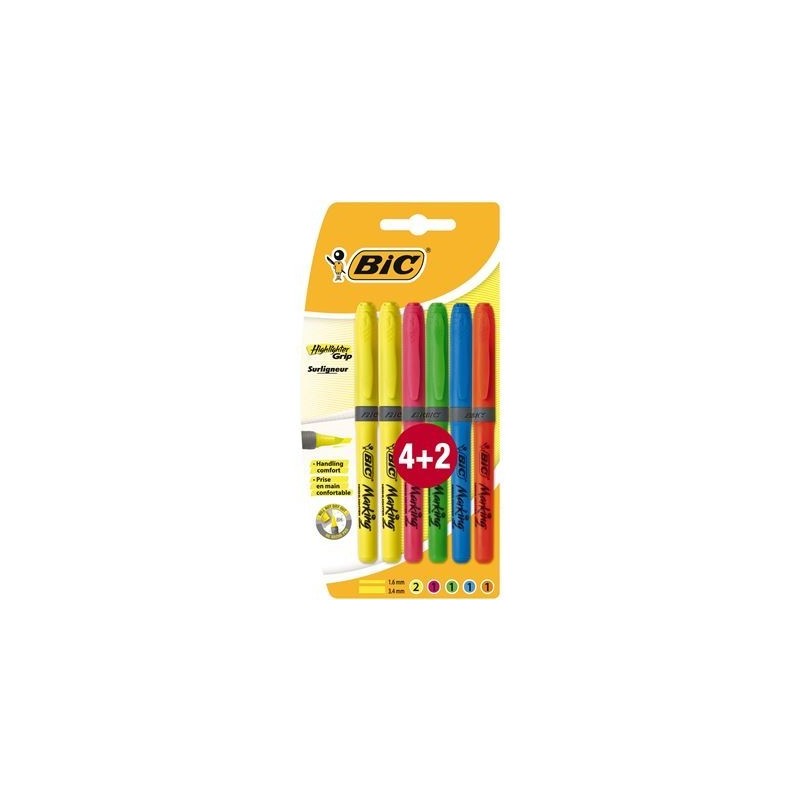 Bic Brit Liner Grip 4+2 pennarelli fluorescenti base d'acqua Punta scalpello Linea 1,60-3,30mm 829577