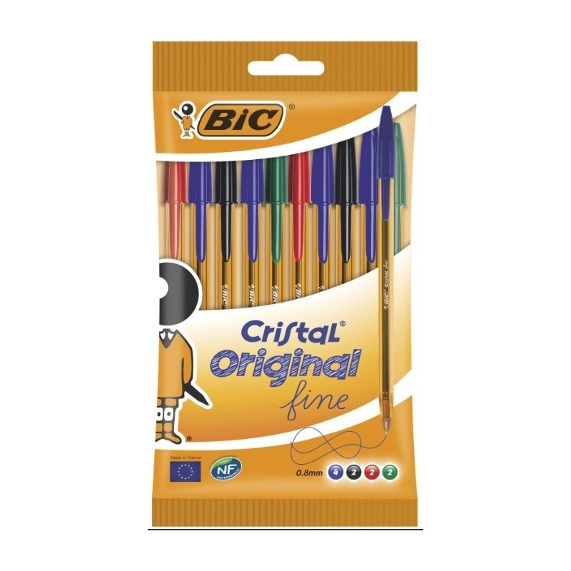 Bic Cristal Original Fine Conf. 10 penne Punta tonda 0,8mm Linea 0,34mm Colori assortiti 872723