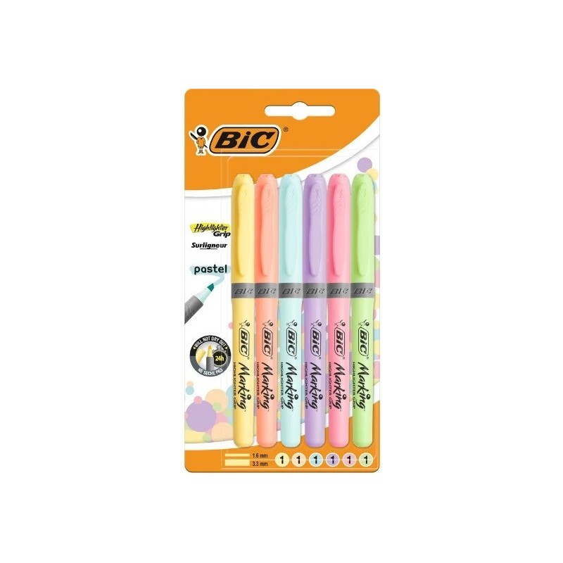 Bic Highlighter Grip Conf. 6 pennarelli pastello fluorescenti Punta a scalpello Tratto tra 1,60/3,30mm