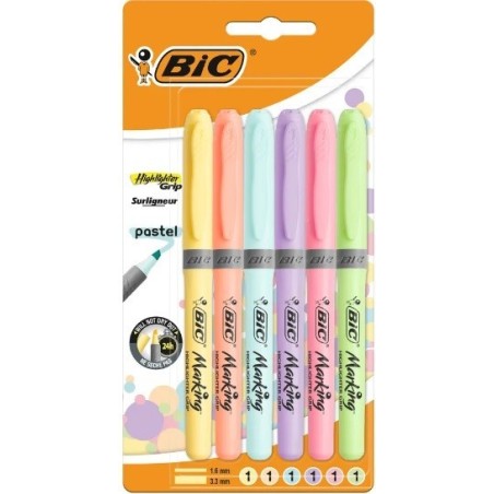 Bic Highlighter Grip Conf. 6 pennarelli pastello fluorescenti Punta a scalpello Tratto tra 1,60/3,30mm