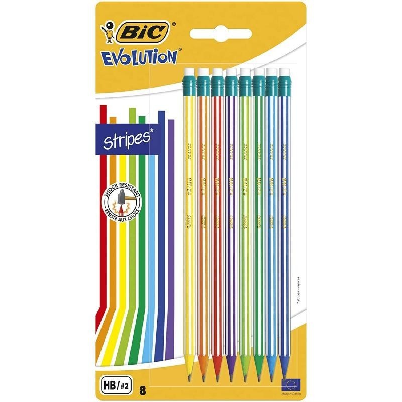Bic Evolution Stripes Confezione da 8 matite esagonali in grafite con gomma Piombo HB ultra resistente
