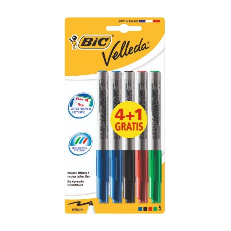 Bic Velleda 1741 Conf. 4+1 pennarelli per lavagna bianca Punta media Linea 1,4mm Cancellabilità ottimale 8755891