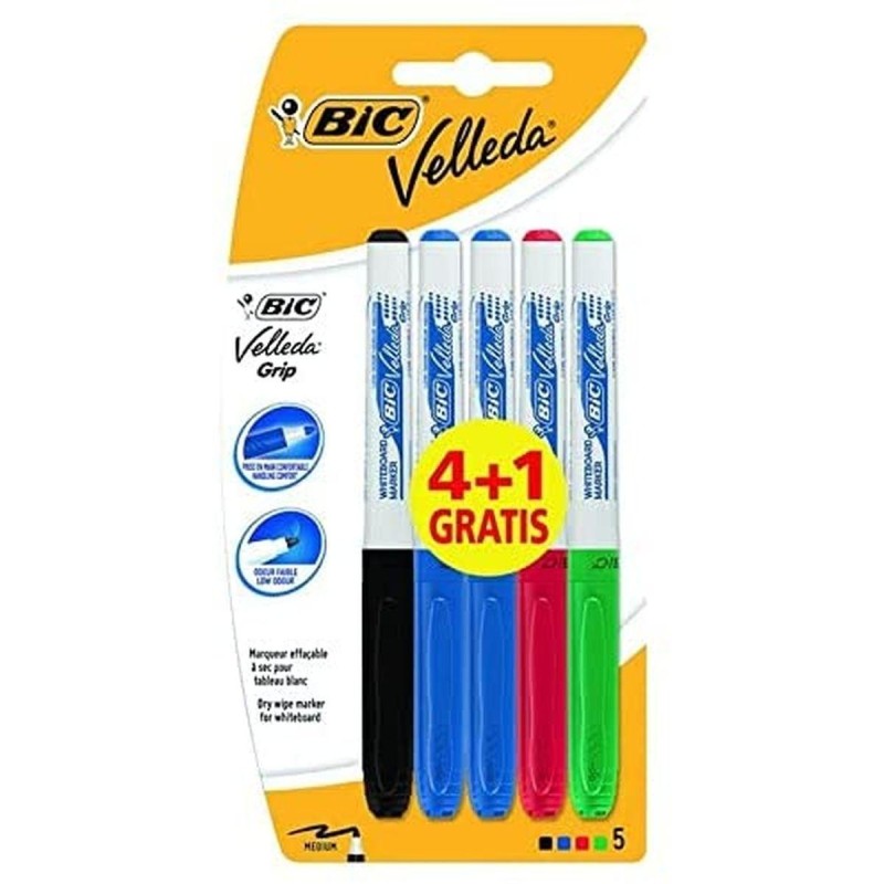 Bic Velleda Grip 4+1 Conf.5 pennarelli per lavagna bianca Punta media Linea 1,2mm