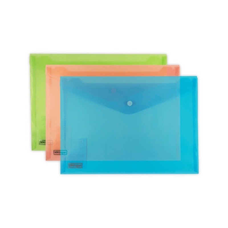 MKtape Confezione da 3 Buste Porta Documenti con Chiusura Plastica Formato A4 Colori Assortiti