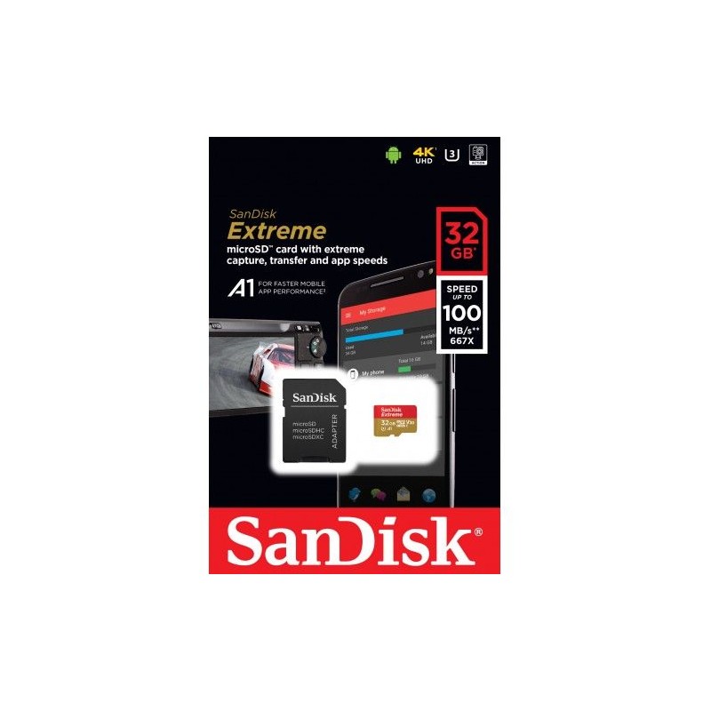 Scheda Memoria Sandisk Extreme Scheda Micro SDHC 32 GB UHS-I U3 A1 Classe 10 90 MB/s + Adattatore SD
