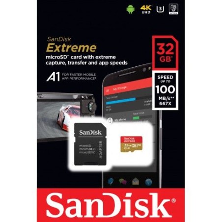 Scheda Memoria Sandisk Extreme Scheda Micro SDHC 32 GB UHS-I U3 A1 Classe 10 90 MB/s + Adattatore SD