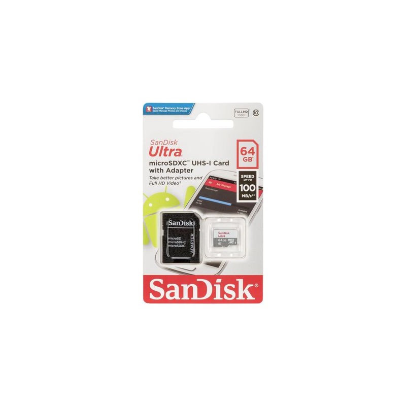 Scheda Memoria Sandisk Ultra Micro SDXC 64GB UHS-I U1 Classe 10 100MB/s + Adattatore SD SDSQUNR-064G-GN3MA