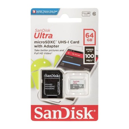 Scheda Memoria Sandisk Ultra Micro SDXC 64GB UHS-I U1 Classe 10 100MB/s + Adattatore SD SDSQUNR-064G-GN3MA