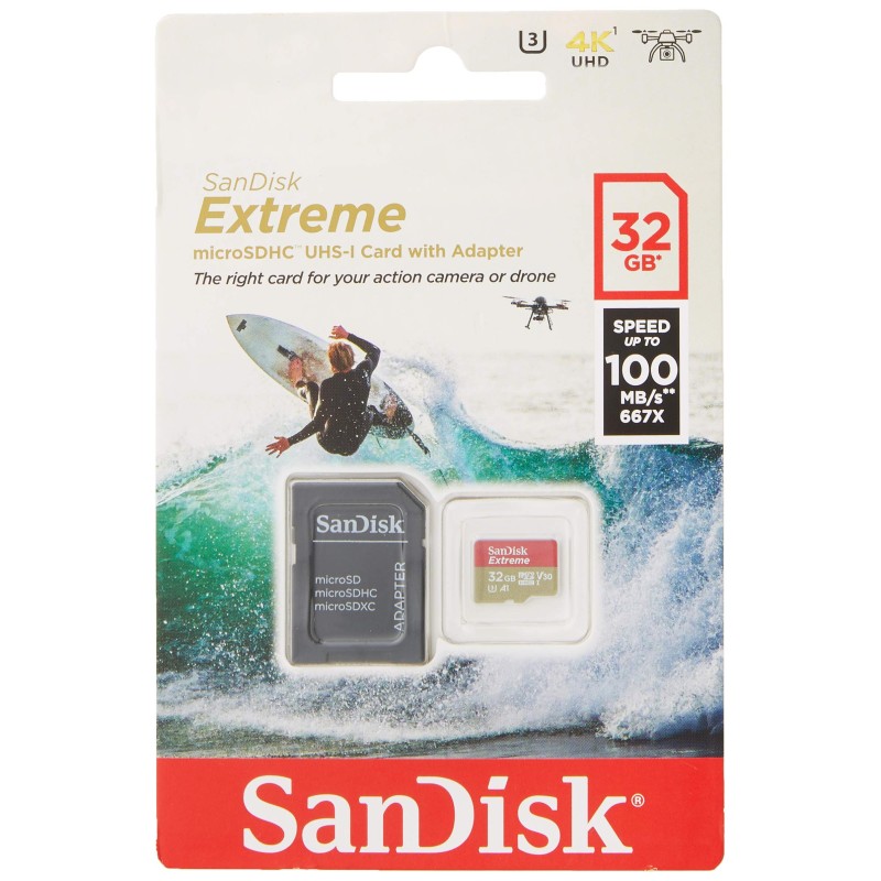 Scheda Memoria Sandisk Extreme Scheda Micro SDHC 32 GB UHS-I U3 A1 Classe 10 100 MB/s + Adattatore SD