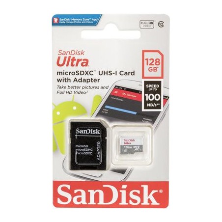 Scheda Memoria Sandisk Ultra Micro SDXC Scheda 128 GB UHS-I U1 Classe 10 100 MB/s + Adattatore SD