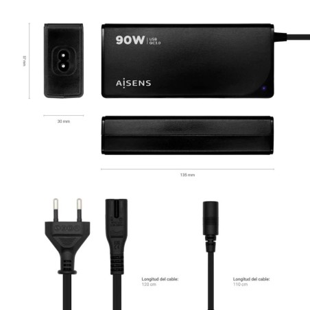 Caricatore Multitensione Aisens Automatico Universale per Laptop 90W con 12 Connettori