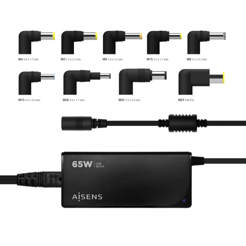 Caricatore Aisens Multitensione Automatico Universale per Laptop 65W con 9 Connettori + USB-A