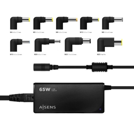 Caricatore Aisens Multitensione Automatico Universale per Laptop 65W con 9 Connettori + USB-A