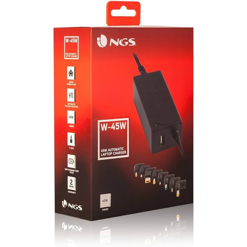 Caricatore automatico universale per laptop NGS 45 W 8 adattatori 1x USB Indicatori LED