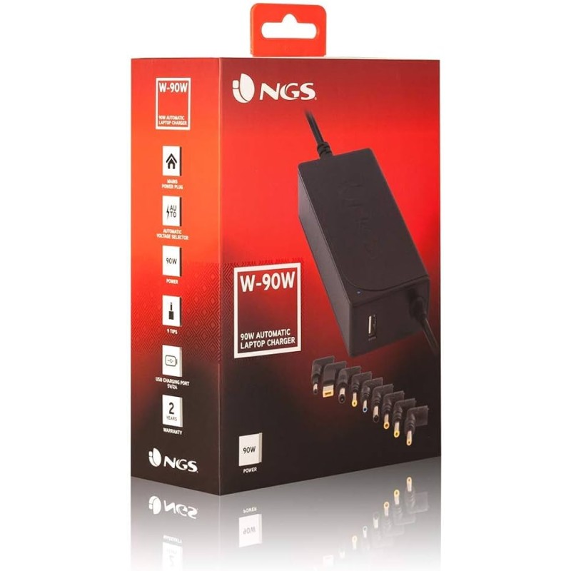 Caricabatteria automatico universale per laptop NGS 90W 9 adattatori 1x USB 2.0 Voltaggio 15-20V Indicatore LED