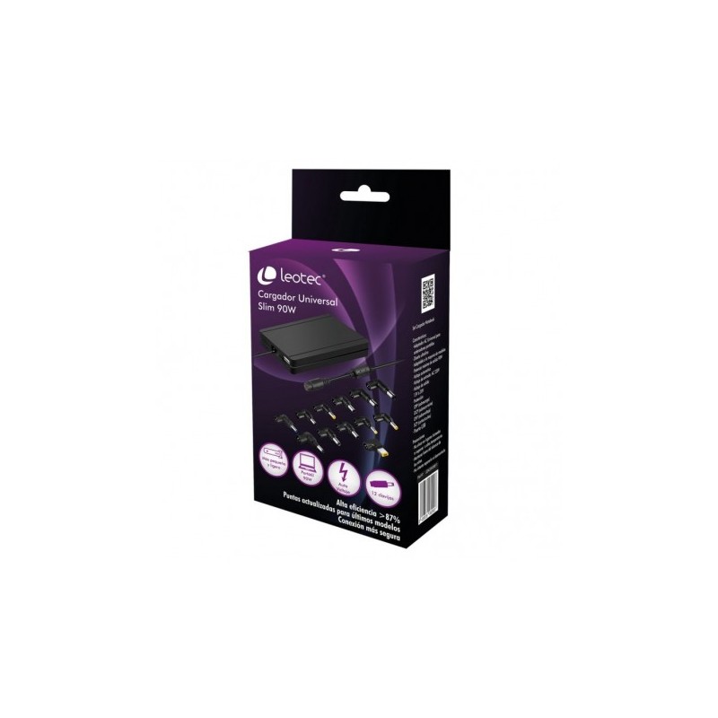 Caricabatterie Universale Automatico Leotec Slim per Laptop Notebook 90W + Hub USB - 12 Connettori Differenti