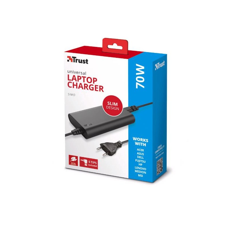 Caricabatterie universale per laptop Trust 23925 Simo da 70 W Ultra sottile 8 connettori diversi Cavo da 1,80 m