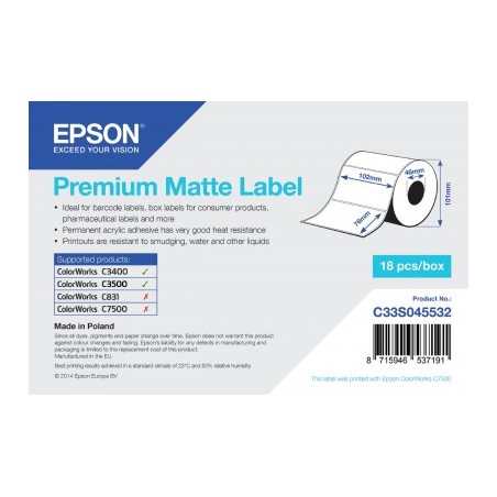 Rotolo Etichette Rettangolari Originali Epson Premium Matte Lab 102x76 mm 440 unità per rotolo C33S045532