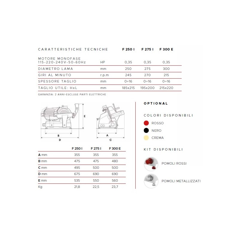AFFETTATRICE A GRAVITÀ FAC F275I CE DOMESTICO (AFFILATOIO FISSO) COLORATA + POMOLI METALLIZZATI