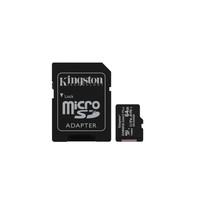 Scheda Memoria Kingston Micro SDXC da 64 GB Classe 10 100 MB/s Canvas Select Plus + adattatore SD SDCS3/64GB
