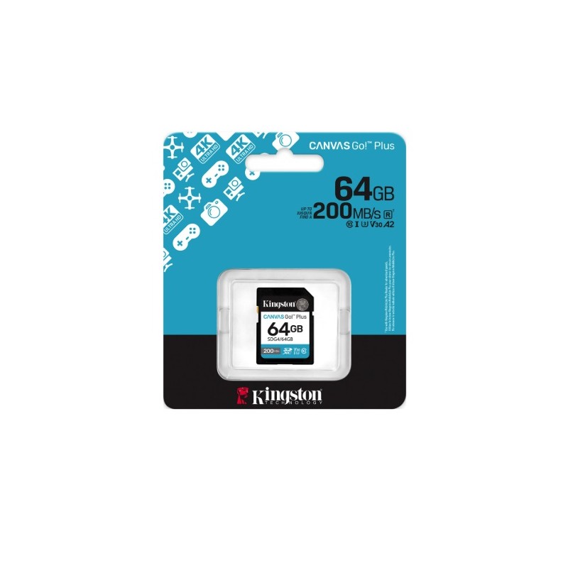 Scheda Memoria Kingston SDXC 64 GB UHS-I U3 V30 Classe 10 200MB/s Canvas Go Plus SDG4/64GB