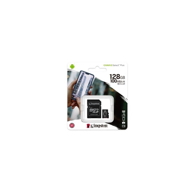 Scheda Micro SDXC Kingston Canvas Select Plus da 128 GB Classe 10 100 MB/s + adattatore SD SDCS3/128GB