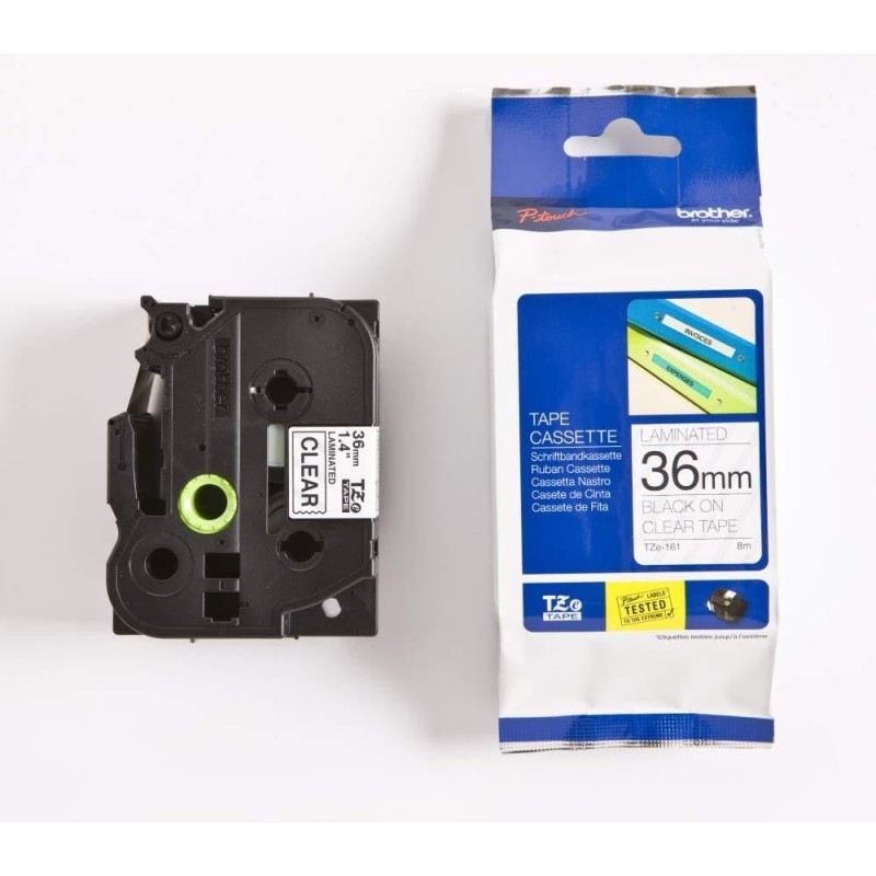 NASTRO PER ETICHETTE LAMINATO ORIGINALE BROTHER TZe161 Testo nero su sfondo trasparente