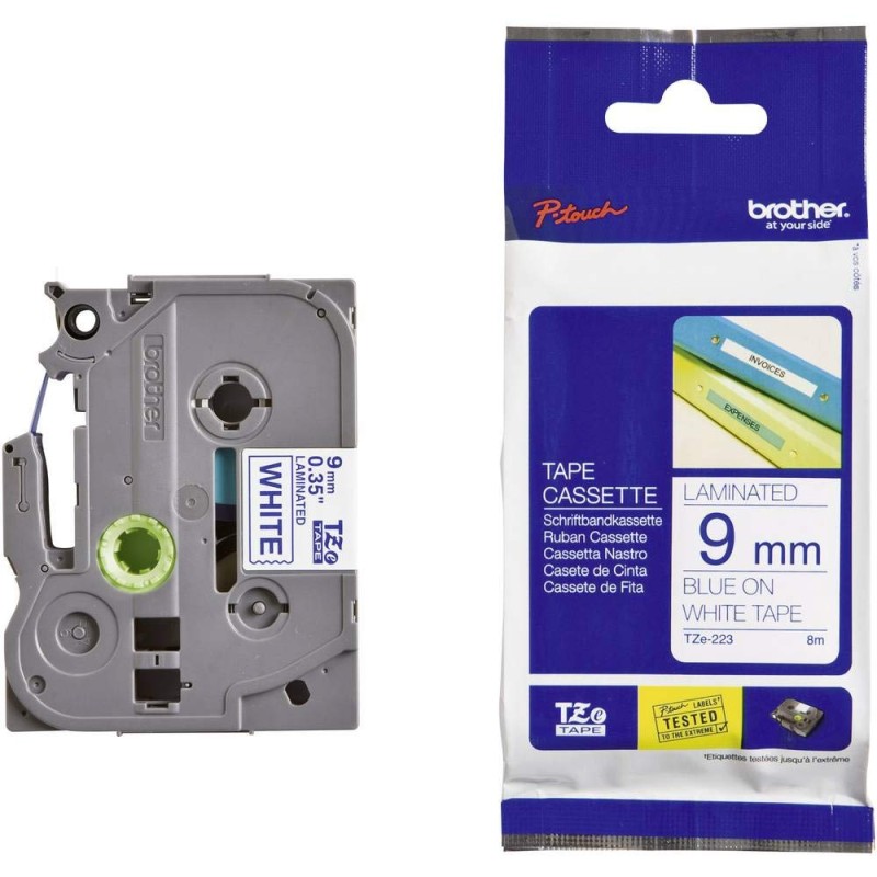 NASTRO ETICHETETTE LAMINATO ORIGINALE BROTHER TZe223 Testo BLU su sfondo bianco