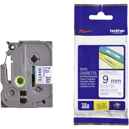 NASTRO ETICHETETTE LAMINATO ORIGINALE BROTHER TZe223 Testo BLU su sfondo bianco