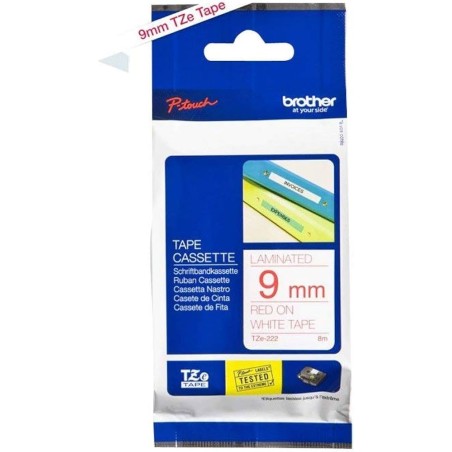 NASTRO ETICHETETTE LAMINATO ORIGINALE BROTHER TZe222 Testo ROSSO su sfondo bianco