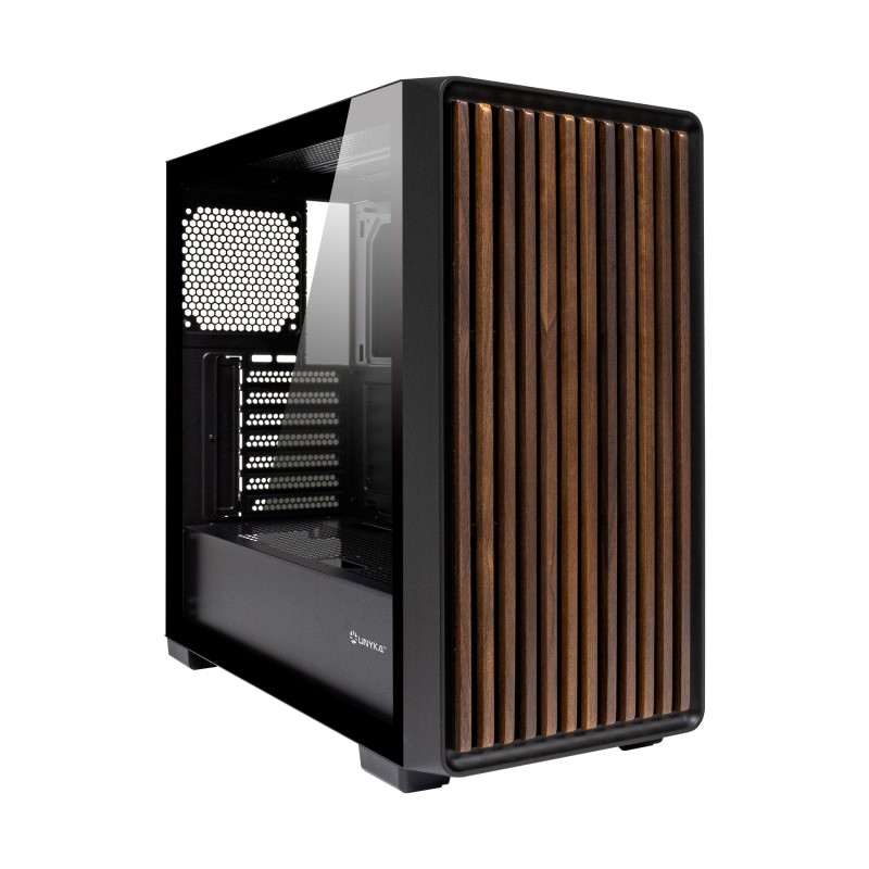 Case Unykach Revelat Madeira NERO ATX MicroATX ITX UK121804 Pannello vetro temperato pannello frontale con doghe legno naturale