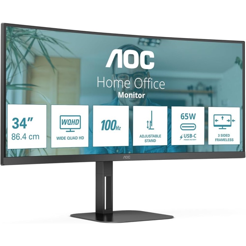 MONITOR LED AOC 34" CU34V5C/BK VA WQHD CURVO 100Hz FreeSync Tempo risposta 1ms Altoparlanti 10W
